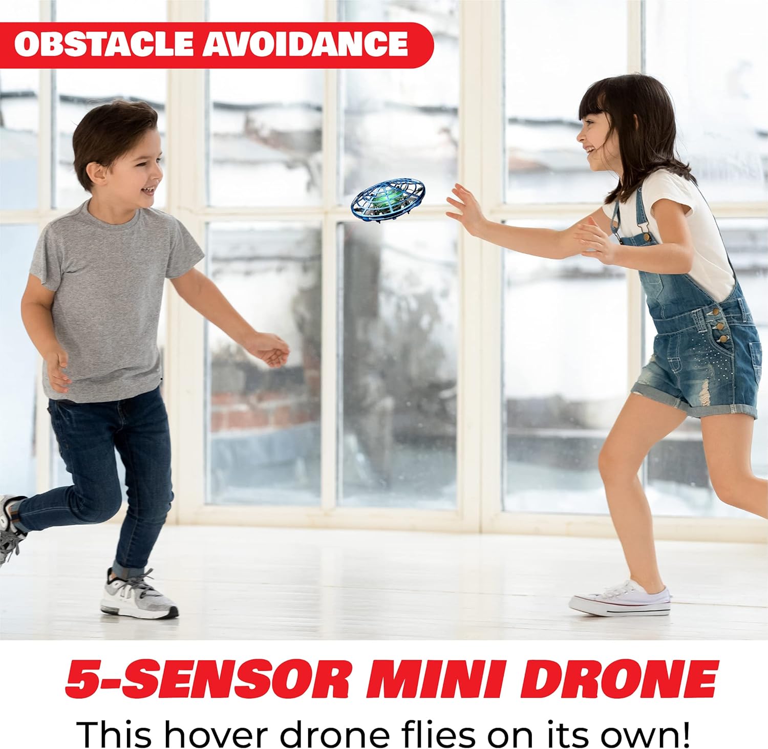 Scoot Hand Operated Drone - Engaging Indoor Mini Drone for All Ages with LED Lights and Obstacle Avoidance - Rechargeable Flying Orb Toy in Blue
