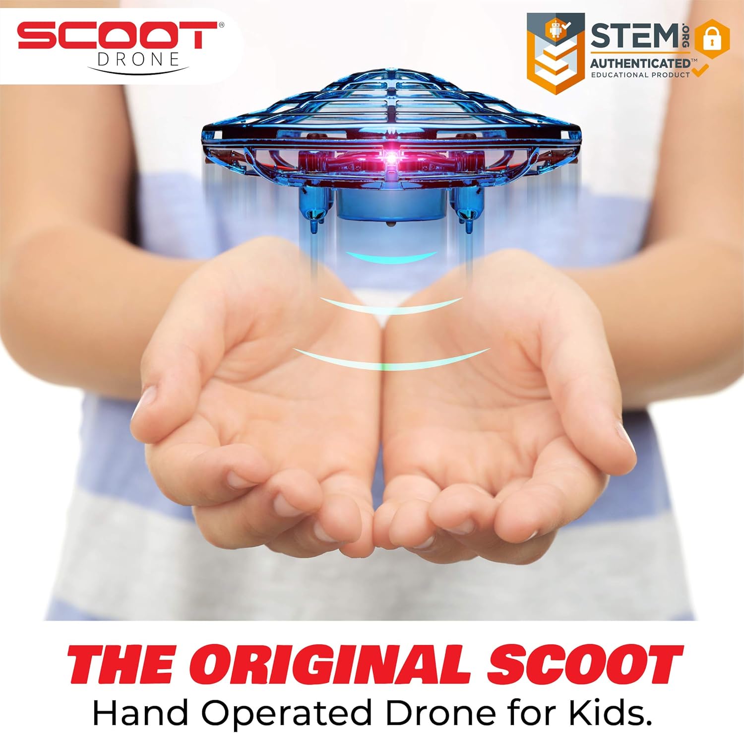 Scoot Hand Operated Drone - Engaging Indoor Mini Drone for All Ages with LED Lights and Obstacle Avoidance - Rechargeable Flying Orb Toy in Blue